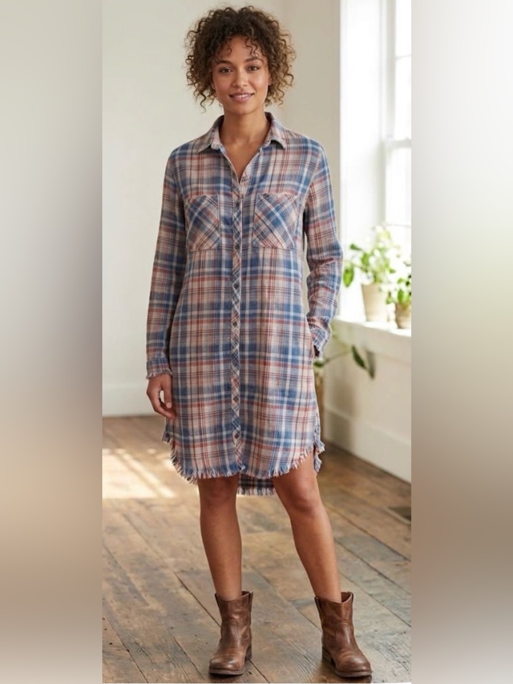 cloth & stone Frayed Fannel Shirt Dress - Blue,Red and Tan Plaid - Sz Small